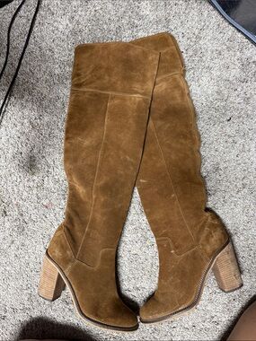 Over-The-Knee Suede Block Heel Boots - Brown